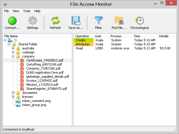 SoftPerfect File Access Monitor - Main window