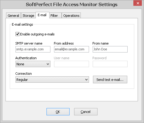 SoftPerfect File Access Monitor - Settings, E-mail tab