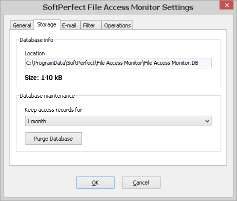 SoftPerfect File Access Monitor - Settings, Storage tab