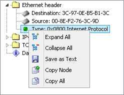 Packet decoder pane with its context menu