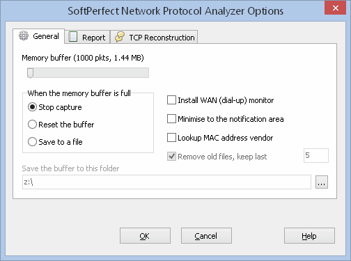 SoftPerfect Network Protocol Analyzer Option - General tab