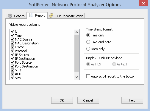 SoftPerfect Network Protocol Analyzer Option - Report tab
