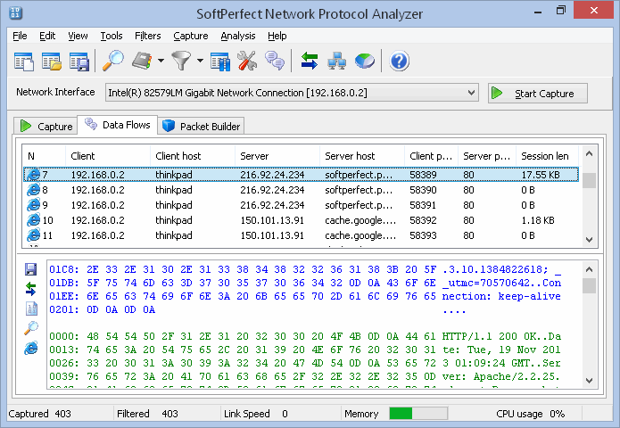 A captured and reconstructed HTTP session displayed in hexadecimal mode in SoftPerfect Network Protocol Analyzer