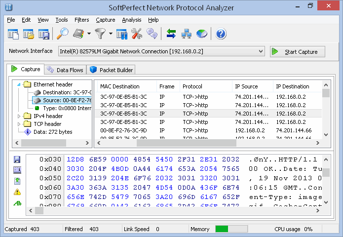 Packets captured by SoftPerfect Network Protocol Analyzer from a local area network