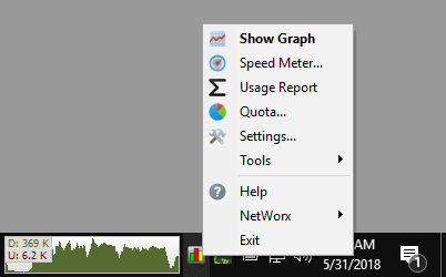 Right-click on the notification area (system tray) icon brings up NetWorx menu