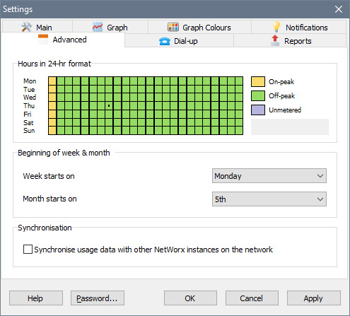 SoftPerfect NetWorx Settings window, Advanced tab