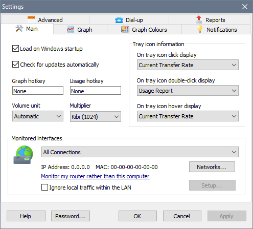 SoftPerfect NetWorx Settings window, Main tab
