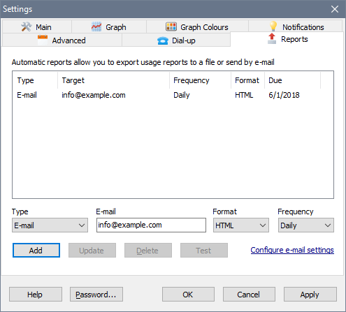 SoftPerfect NetWorx Settings window, Reports tab