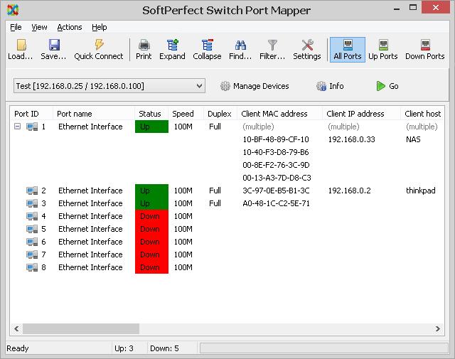 SoftPerfect Switch Port Mapper - Main window with mapping results