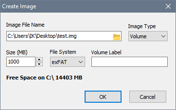 RAM Disk - Create Image window