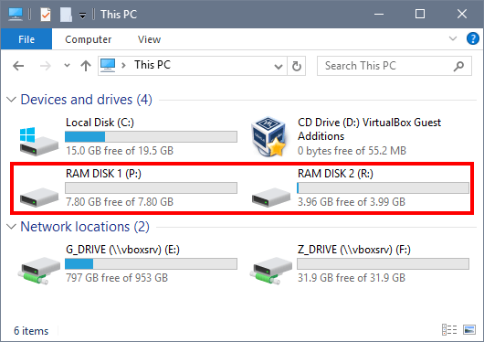How the mounted RAM disks appear in Windows Explorer
