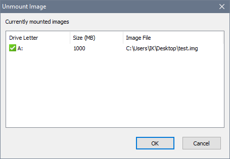 RAM Disk - Unmount Image window