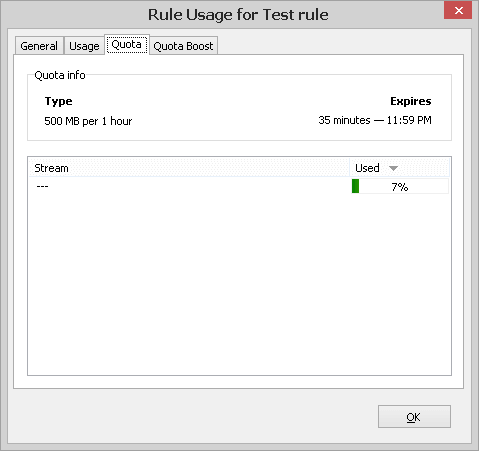 Rule Usage window, Quota tab