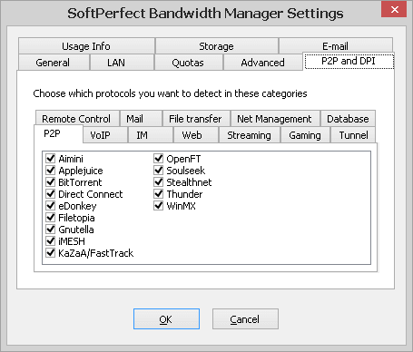 SoftPerfect Bandwidth Manager Settings - P2P and DPI tab