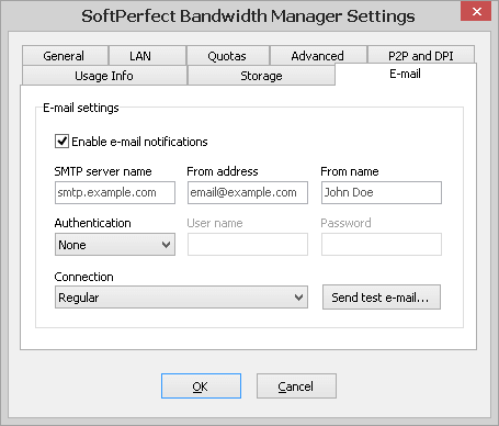 SoftPerfect Bandwidth Manager Settings - E-mail tab