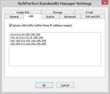 SoftPerfect Bandwidth Manager Settings - LAN tab