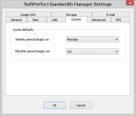 SoftPerfect Bandwidth Manager Settings - Quotas tab