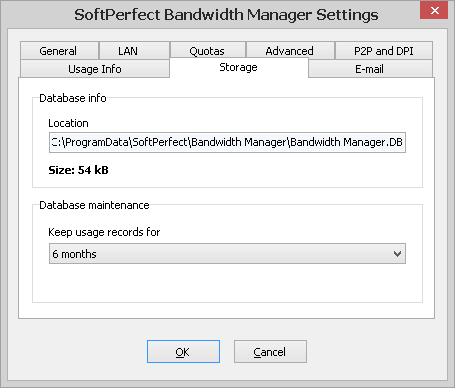 SoftPerfect Bandwidth Manager Settings - Storage tab