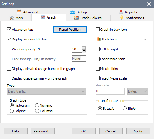 SoftPerfect NetWorx Settings window, Graph tab